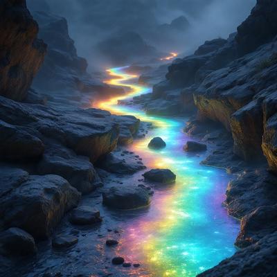 The primary subject of the image is a rainbow-colored river flowing through a dark, rocky landscape. The river appears to be glowing with a neon-like hue, creating a striking visual effect. The setting is a dark, rocky environment, with the river flowing through the rocks, creating a dramatic and moody atmosphere. The visual style of the image is a combination of photo and digital art, as it captures the vibrant colors of the river and the contrasting darkness of the rocks